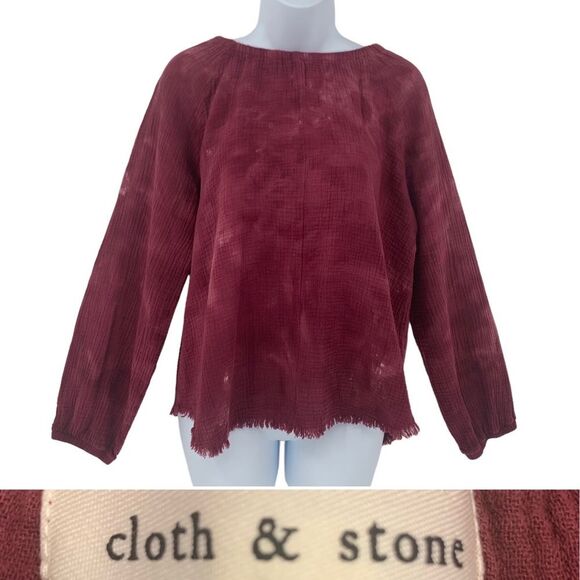 Anthropologie Cloth & Stone Burgundy Tie Dye Muslin Top with Raw Fringe Hem - Picture 1 of 11